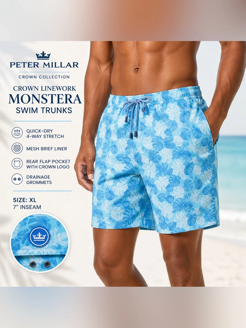 Peter Millar Crown Linework Monstera Swim Trunks XL Blue 7” Stretch Lined